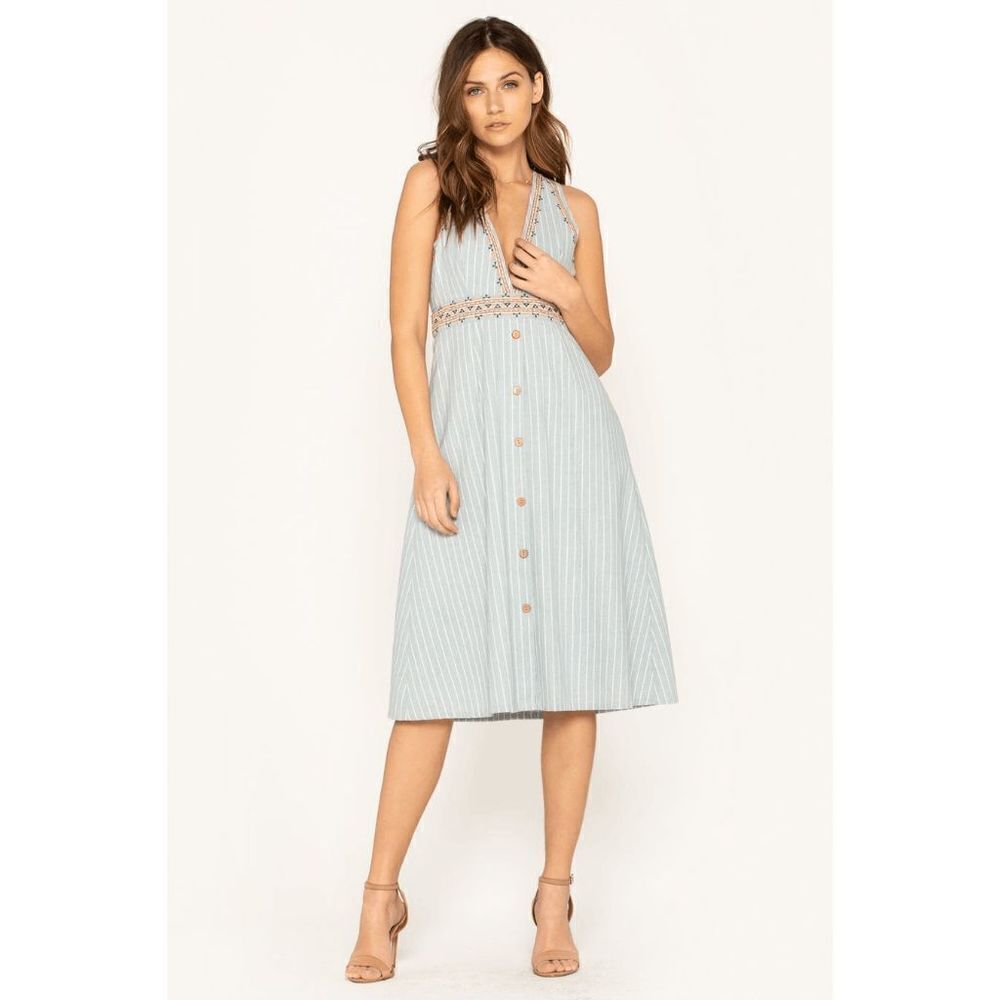 Miss Me Brunching Babe Midi Dress Light Blue Pin Striped Womens Size Small